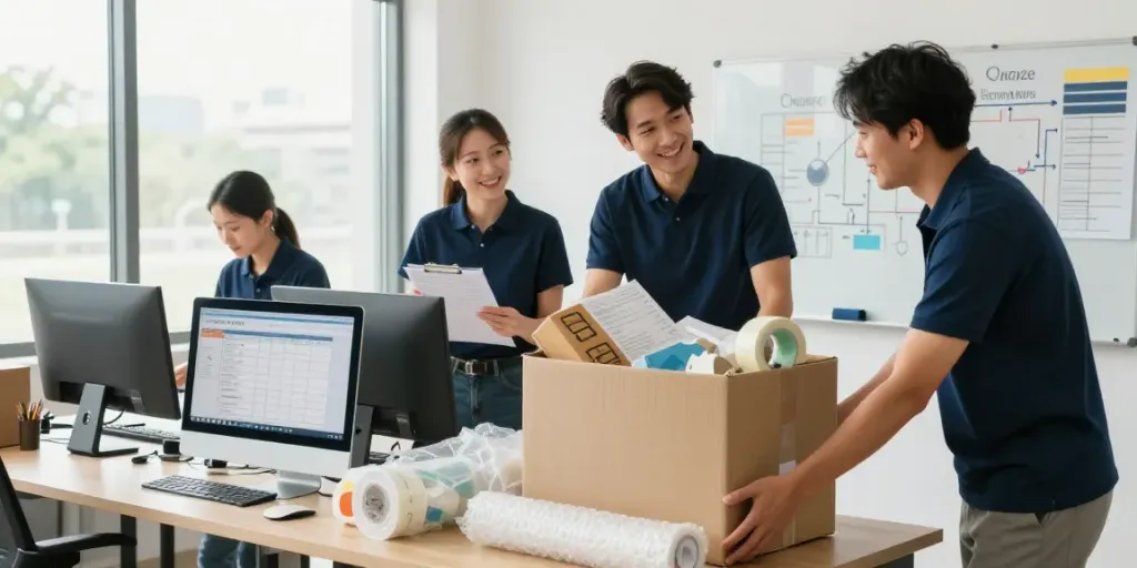 Umzugsunternehmen Berlin team coordinating a move in a bright office.